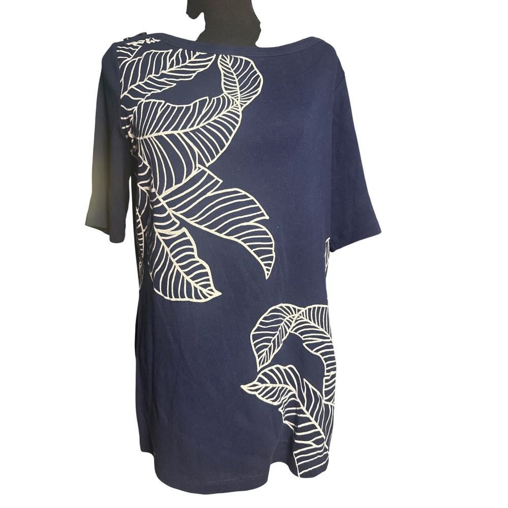 Kim Rogers Navy Blue Tropical Leaf Boat Neck 3/4 Sleeve Top Sz L Shoulder Button